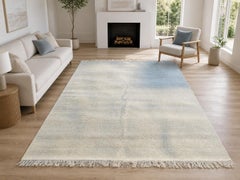 8x10 ft Minimalist Handmade Area Rug in Ivory. Hand-Knotted Wool & Bamboo Carpet