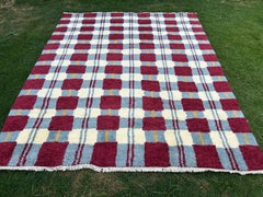 8x10 ft Modern Hand-Knotted 100% Wool Plaid Area Rug in Burgundy, Blue & Ivory