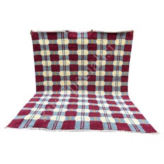8x10 ft Modern Hand-Knotted 100% Wool Plaid Area Rug in Burgundy, Blue & Ivory