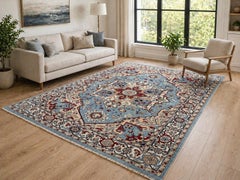 8x10 ft Modern Handknotted Wool Area Rug, Blue Geometric Medallion Design Carpet