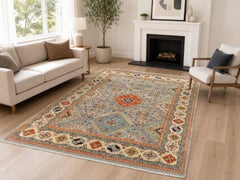 8x10 ft Modern Handknotted Wool Area Rug, Blue Geometric Medallion Design Carpet