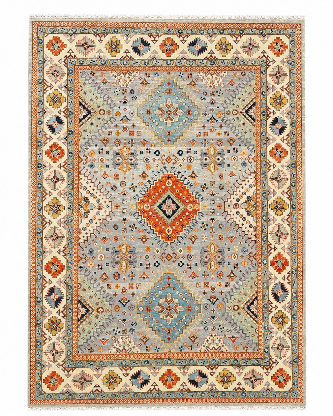 8x10 ft moderner handgeknüpfter Wollteppich, blauer geometrischer Medaillon-Design-Teppich