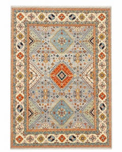 8x10 ft Modern Handknotted Wool Area Rug, Blue Geometric Medallion Design Carpet