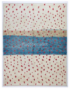 Alfombra de diseño marroquí contemporáneo en colores crema, azul y rojo. Opciones personalizadas Avlb