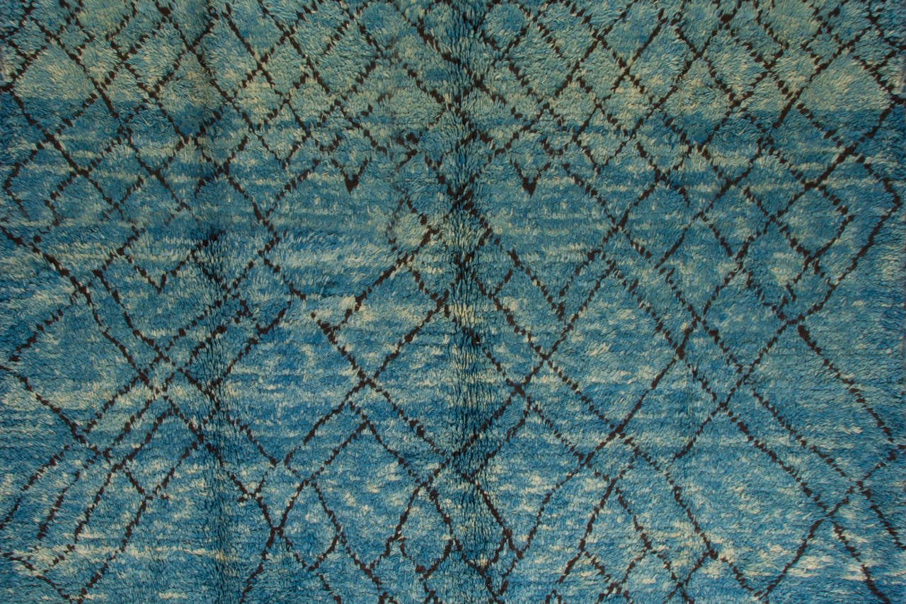 Hand-Knotted Modern Moroccan Berber Rug in Indigo Blue, 100% Wool, Custom Options Available For Sale