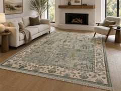 8x10 ft Modern Oushak Wool Area Rug, HandKnotted Sage Green Floral Design Carpet