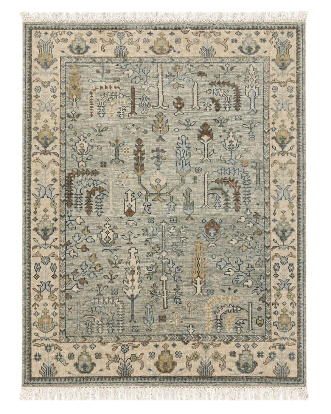 8x10 ft Modern Oushak Wool Area Rug, HandKnotted Sage Green Floral Design Carpet