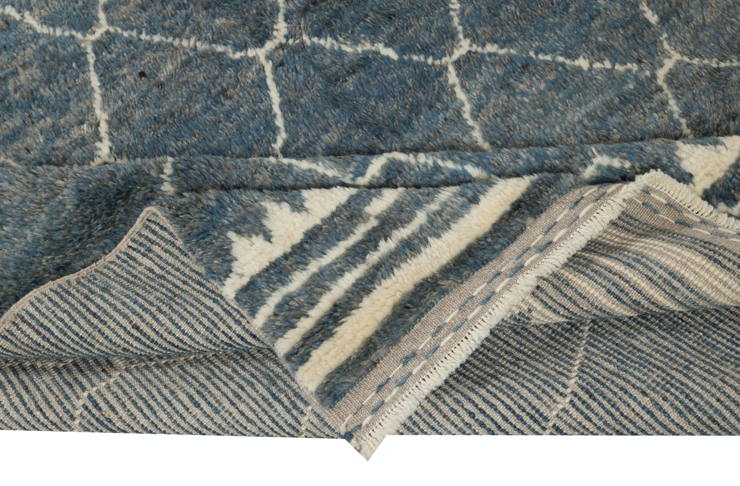 Turkish 8x10 Ft New Handmade Moroccan Tulu Rug in Blue & Cream. Custom Options Available For Sale