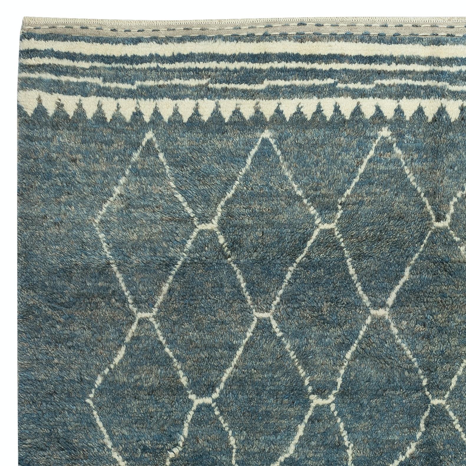 Hand-Knotted 8x10 Ft New Handmade Moroccan Tulu Rug in Blue & Cream. Custom Options Available For Sale