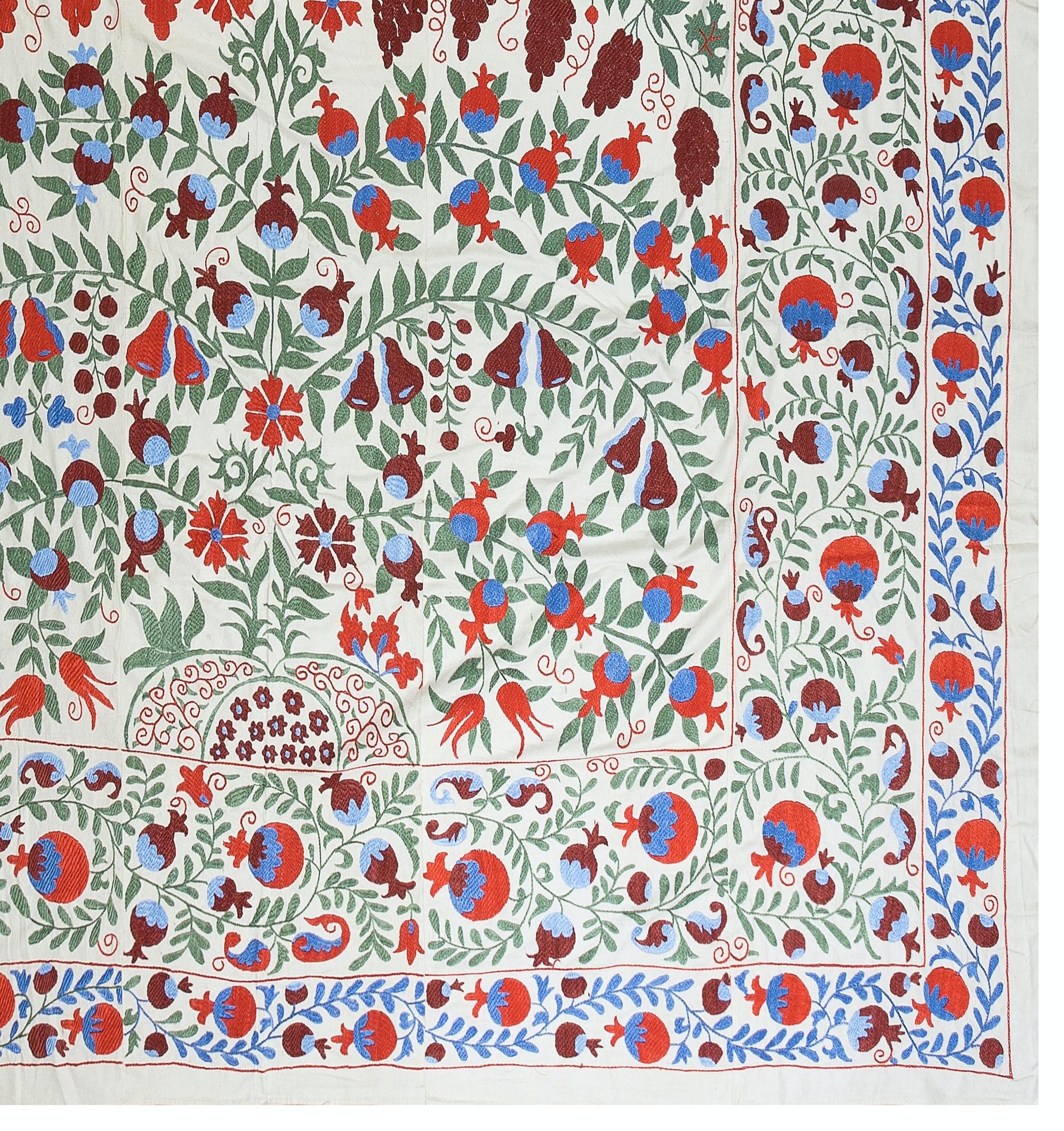 Uzbek 8x10 Ft Silk Embroidered Bed Cover, Suzani Wall Hanging, Magnificent Tapestry For Sale