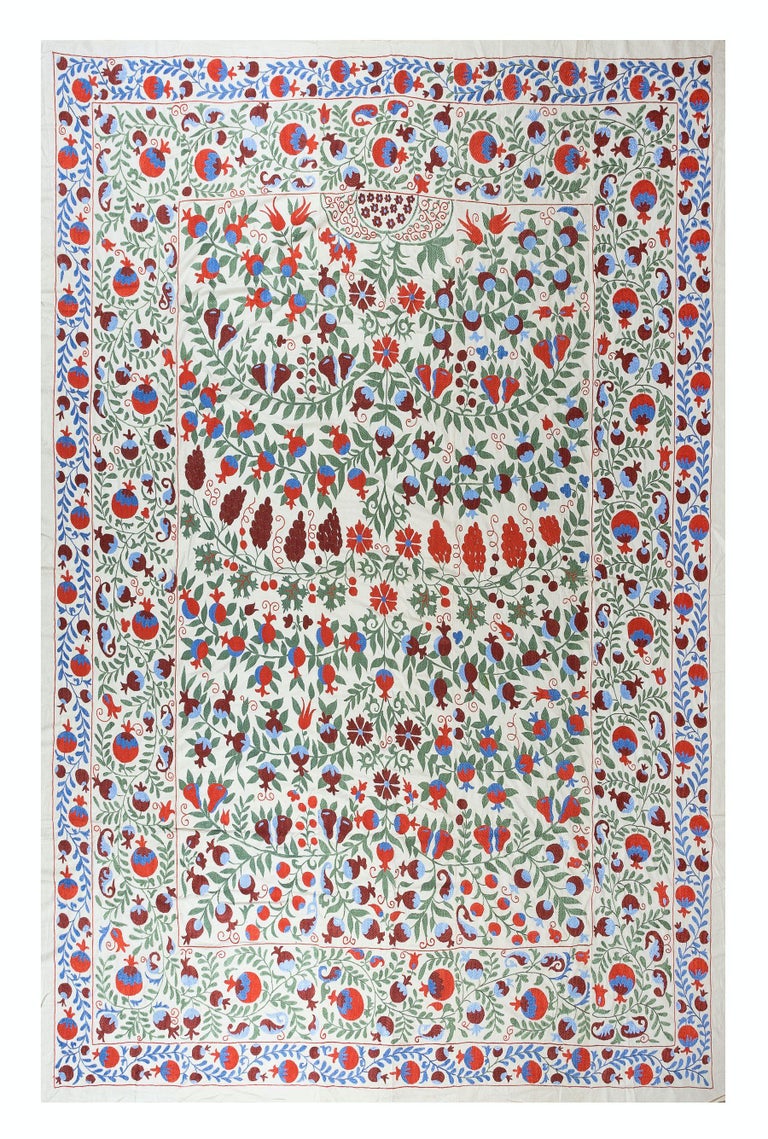 8x10 Ft Silk Hand Embroidered Suzani Bed Cover, New Traditional Wall
