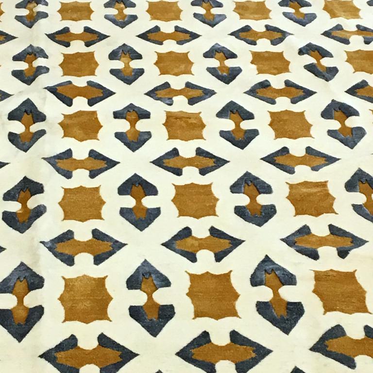 Nepalese Geometric Contemporary Area Rug Blue Yellow, Handmade Wool Silk, Byzantin For Sale