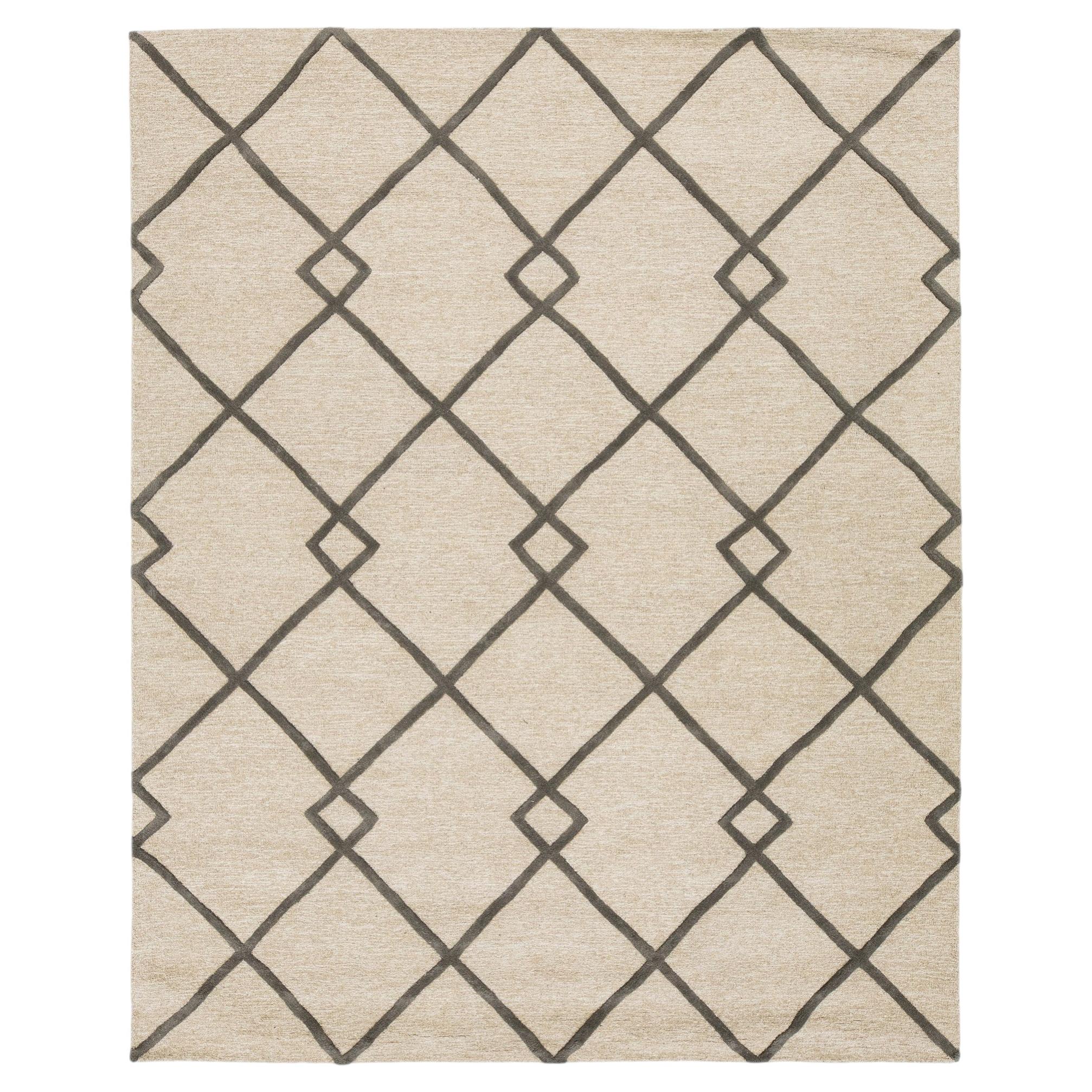 8x10 Geometric Trellis Hand-Tufted Wool Rug – Neutral Beige & Charcoal