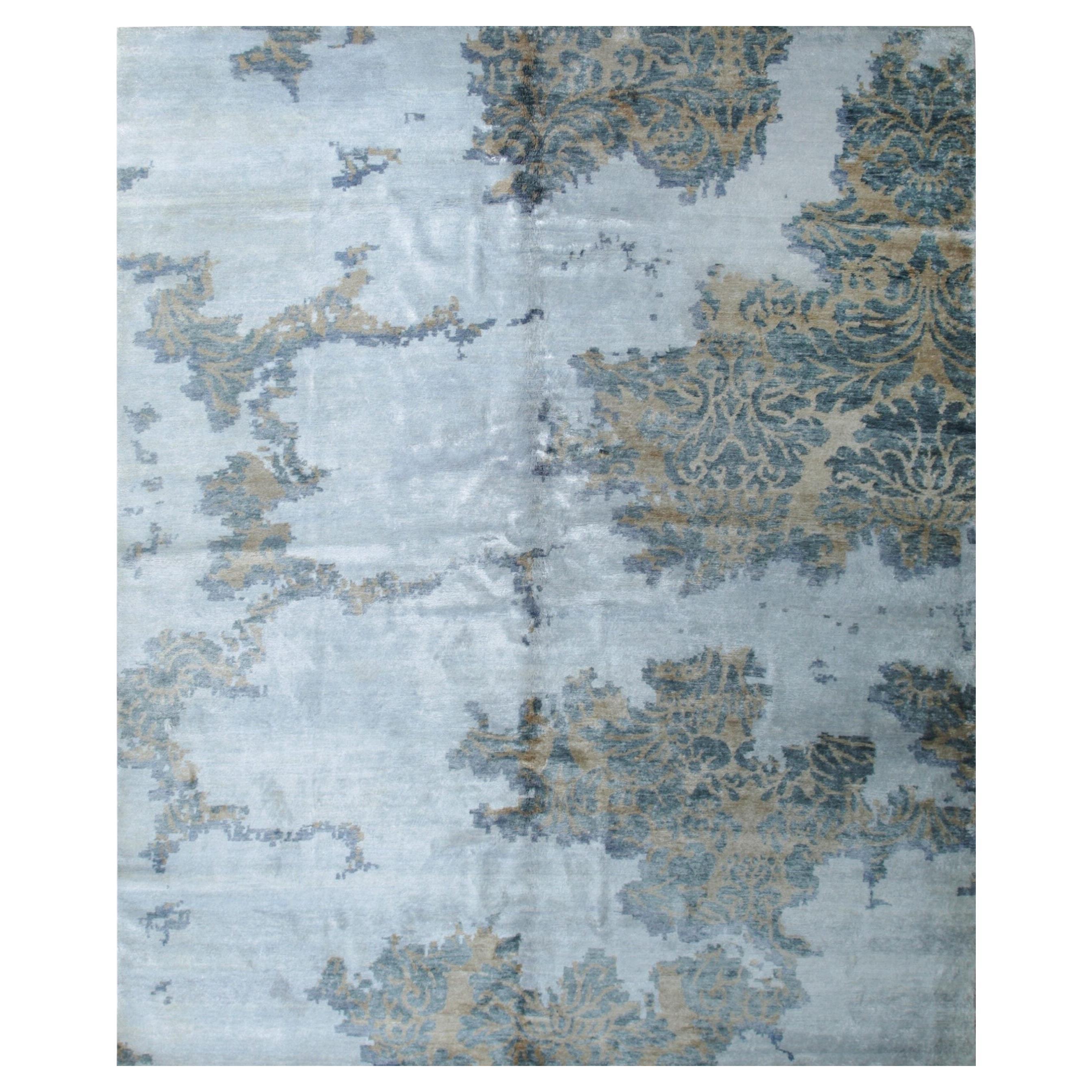 8x10 Gray Hand-Knotted Wool Bamboo Silk Distressed Damask Abstract Carpet Rug For Sale
