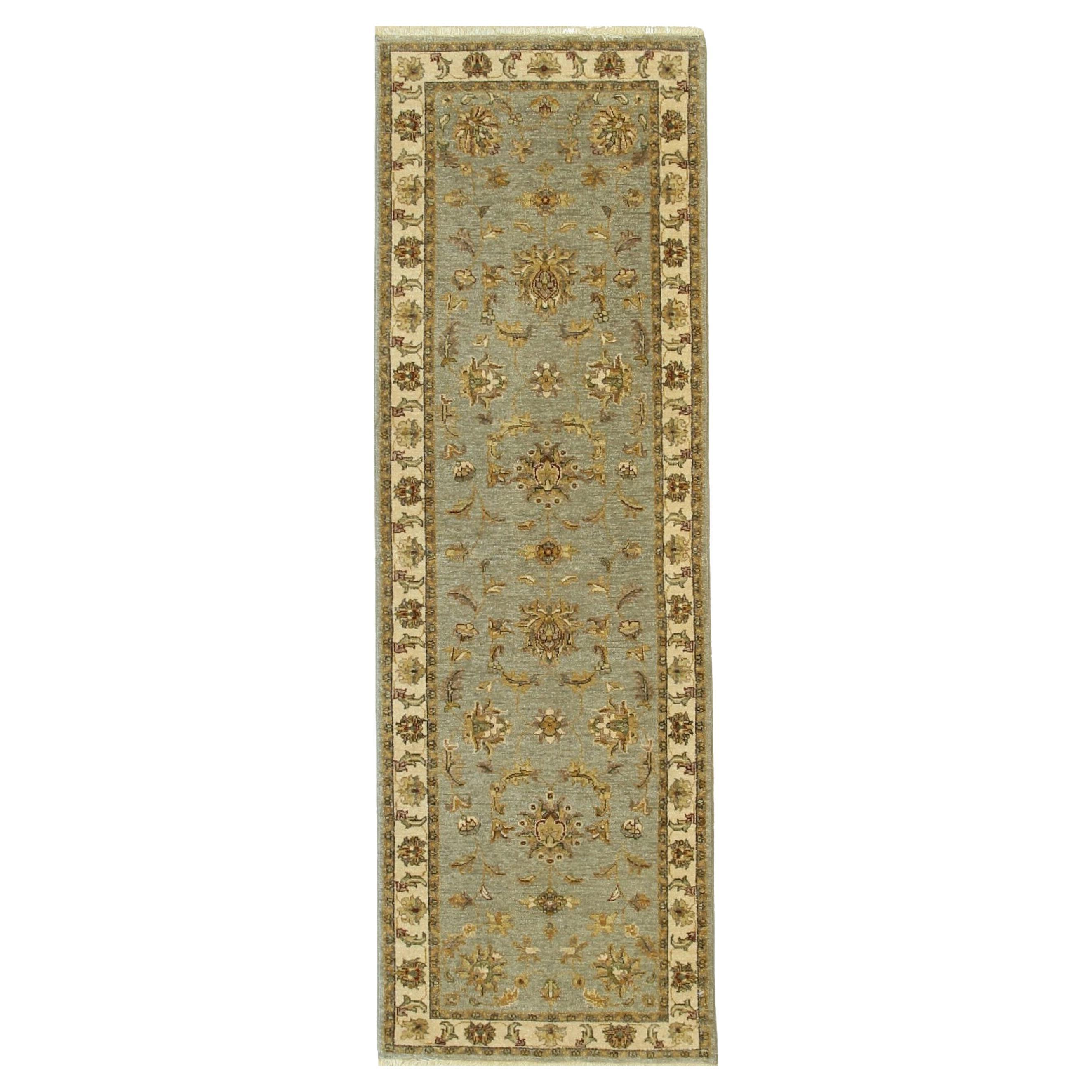 8x10 Gray Hand-Knotted Wool Floral Border Accented Traditional Carpet Rug For Sale