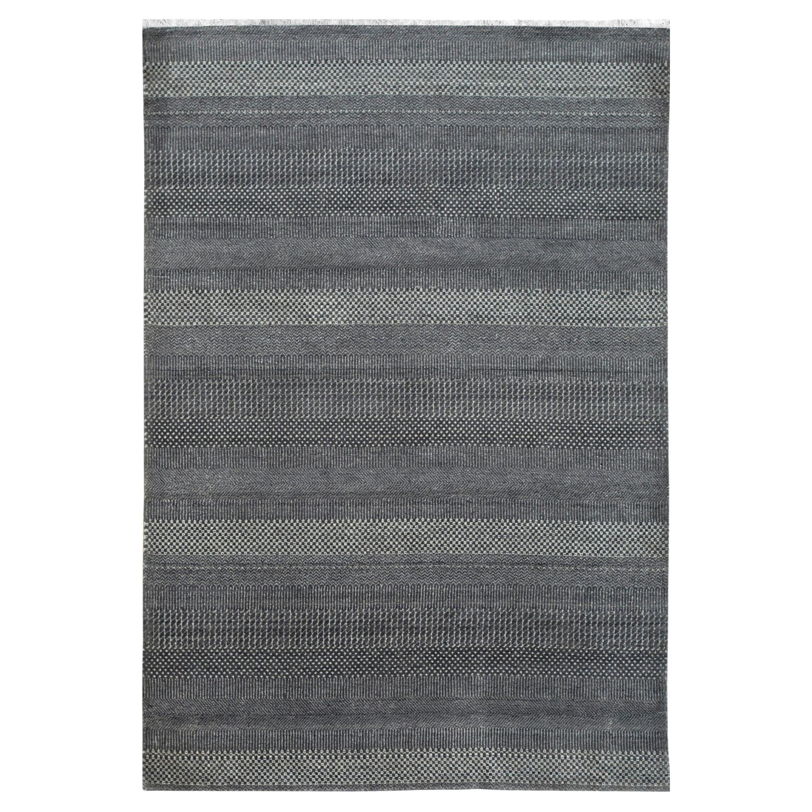 8x10 Gray Hand-Knotted Wool Viscose Striated Texture Solid Open Field Carpet Rug