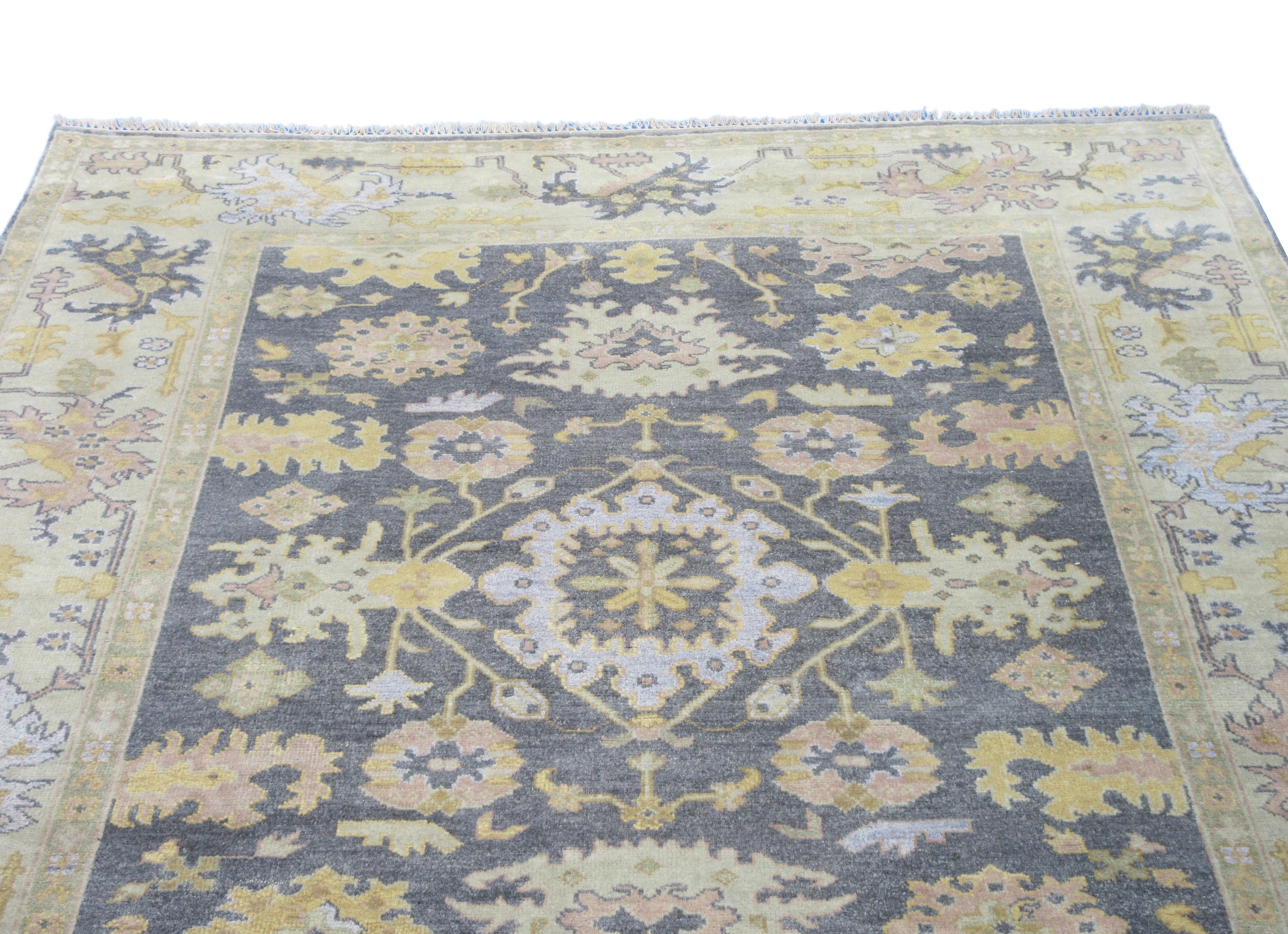 Hand-Knotted Gray Oushak For Sale