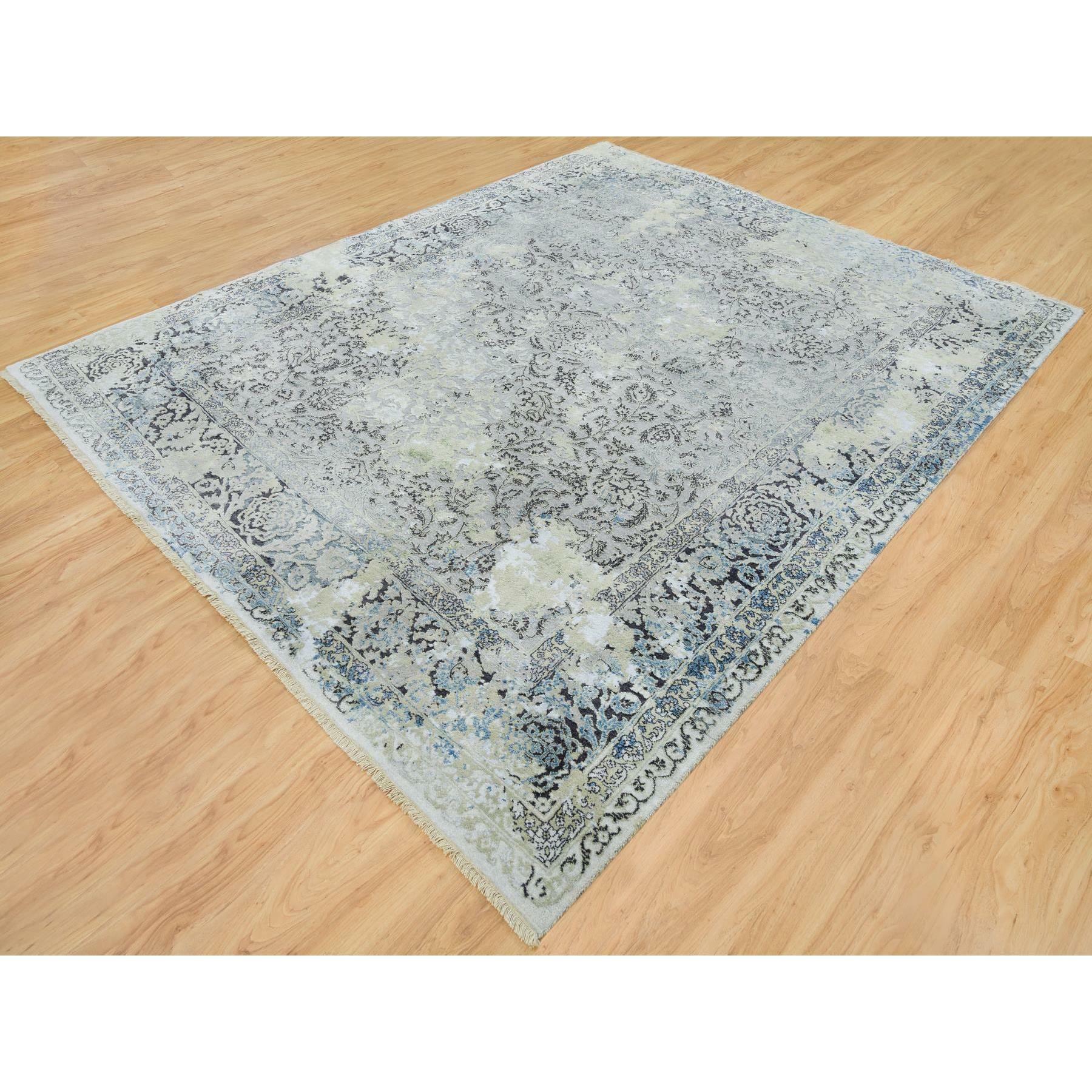 Médiéval 8'x10' Gris Pure Soie et Laine Noué à la Main Broken Kashan Design Tapis d'Orient en vente