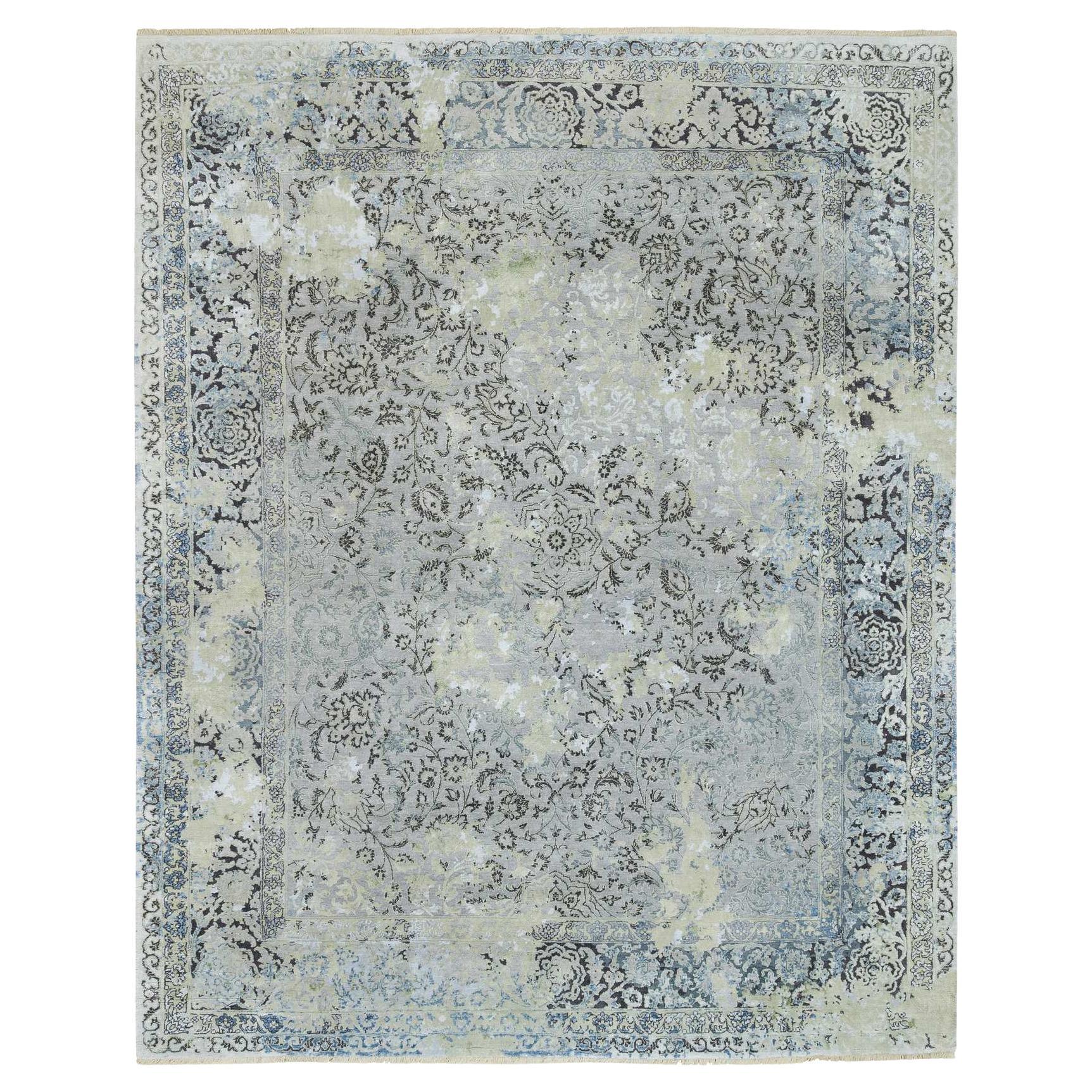 8'x10' Gris Pure Soie et Laine Noué à la Main Broken Kashan Design Tapis d'Orient