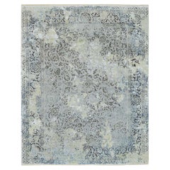 8'x10' Gris Seda Pura con Lana Anudada a Mano Diseño Kashan Roto Alfombra Oriental
