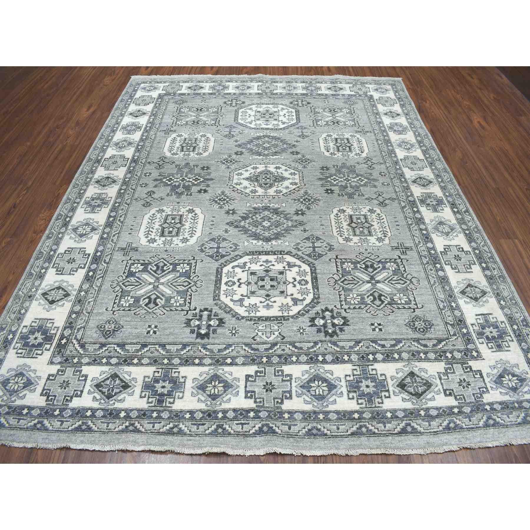 Tribal 8'x10' Gray Pure Wool Hand-Knotted Peshawar With Karajeh Design Oriental Rug For Sale