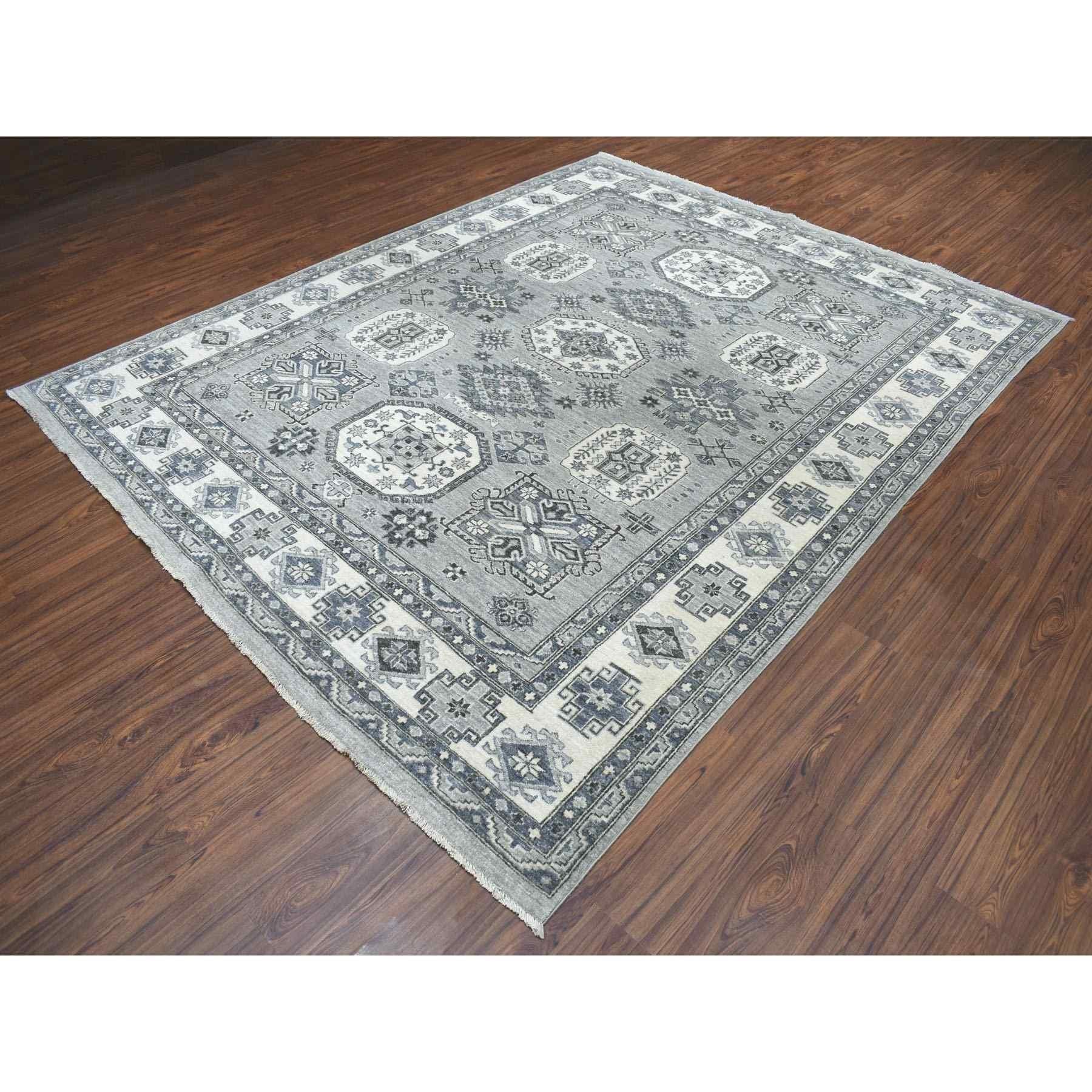Afghan 8'x10' Gray Pure Wool Hand-Knotted Peshawar With Karajeh Design Oriental Rug For Sale