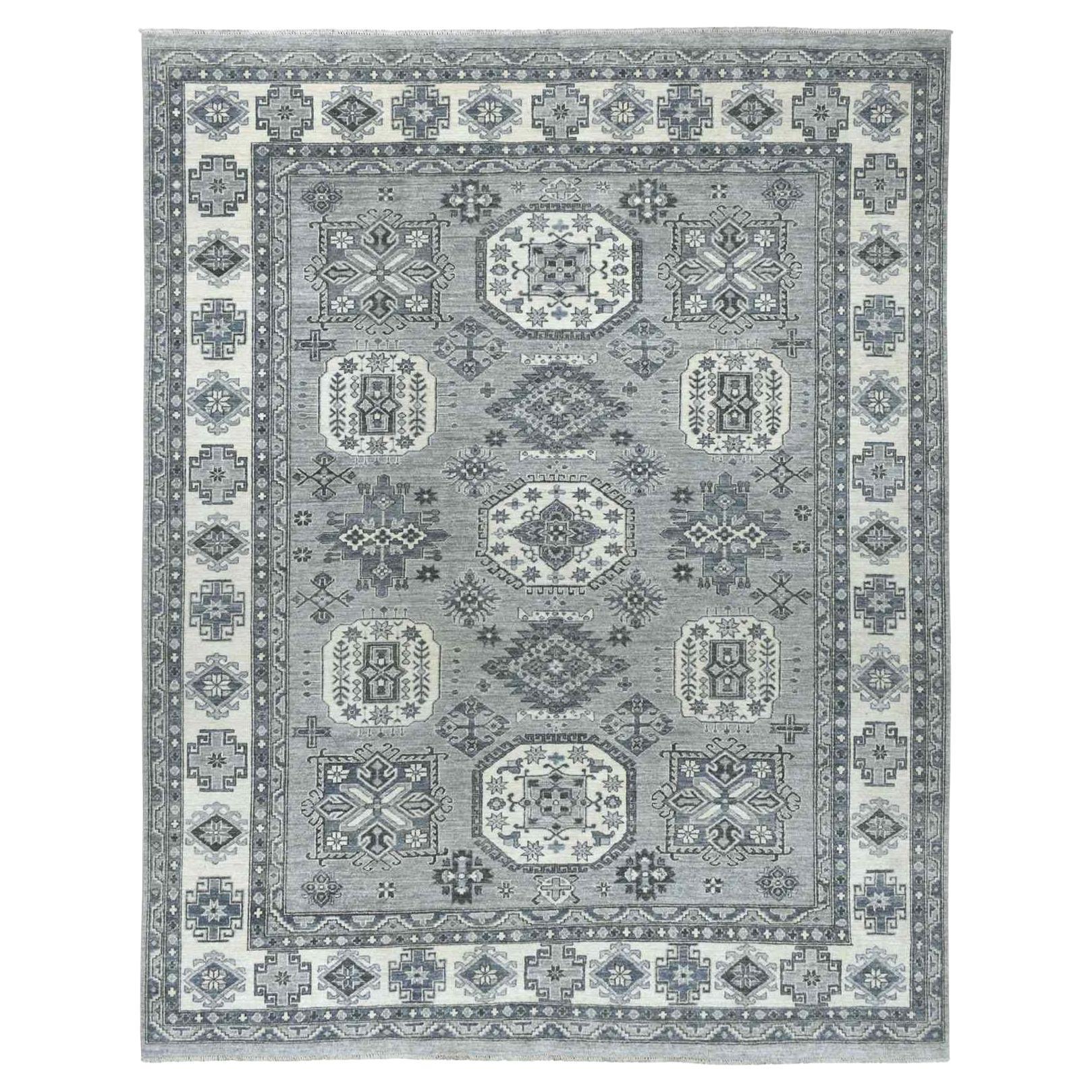 8'x10' Tapis oriental gris en pure laine noué à la main Peshawar avec design Karajeh