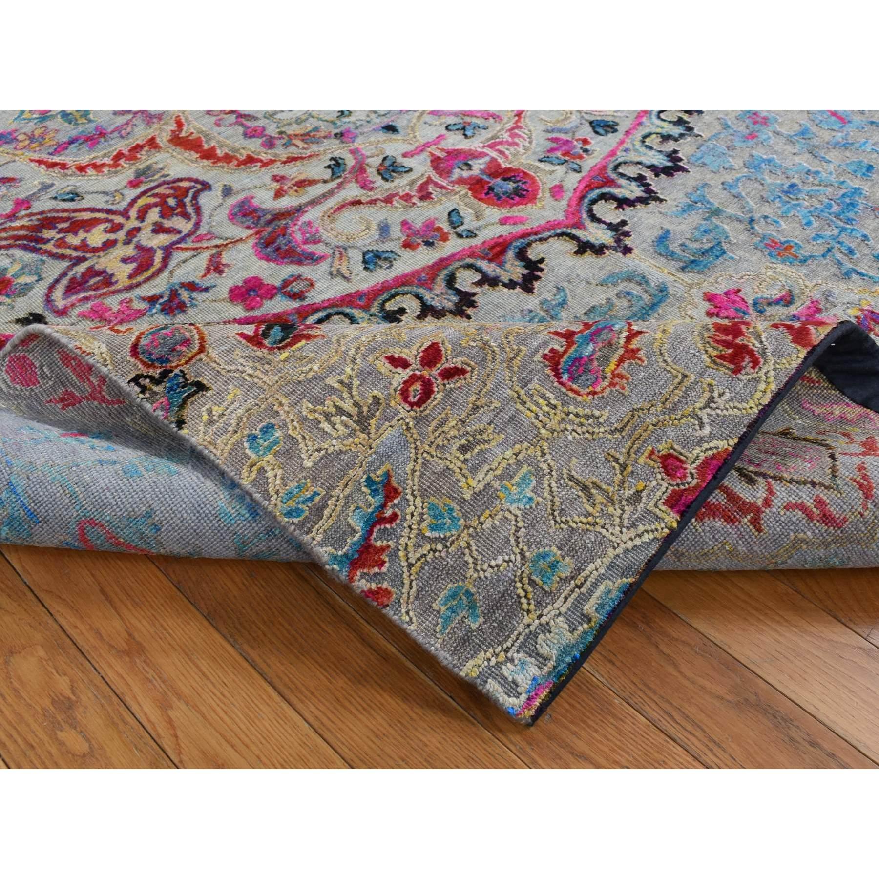 Hand-Knotted 8'x10' Gray Silk and Wool Colorful Maharaja Design Hand Knotted Rug For Sale