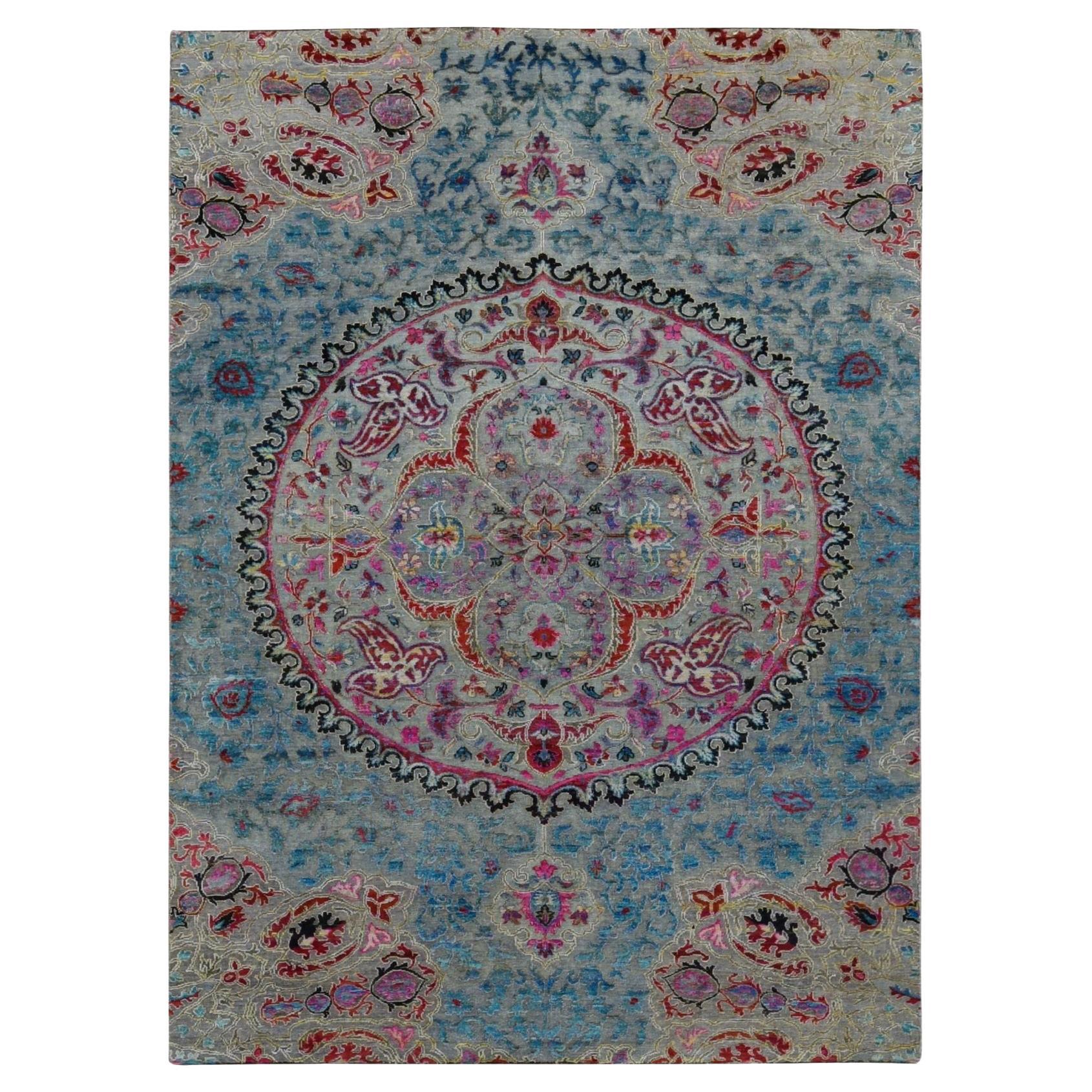 8'x10' Gray Silk and Wool Colorful Maharaja Design Hand Knotted Rug For Sale