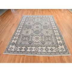 8'x10' Gray Silver Wash Kazak with Geometric Medallions Hand Knotted Wool Rug