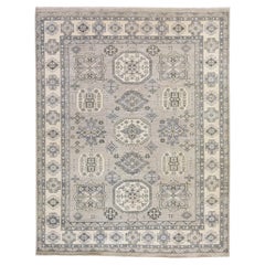 8'x10' Gray Silver Wash Kazak with Geometric Medallions Hand Knotted Wool Rug