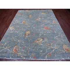 8'x10' Gray Sparrows on the Tree Peshawar Hand Knotted Soft Wool Oriental Rug