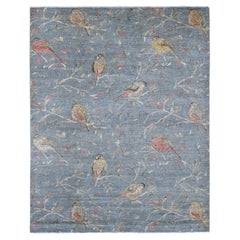 8'x10' Gray Sparrows on the Tree Peshawar Hand Knotted Soft Wool Oriental Rug