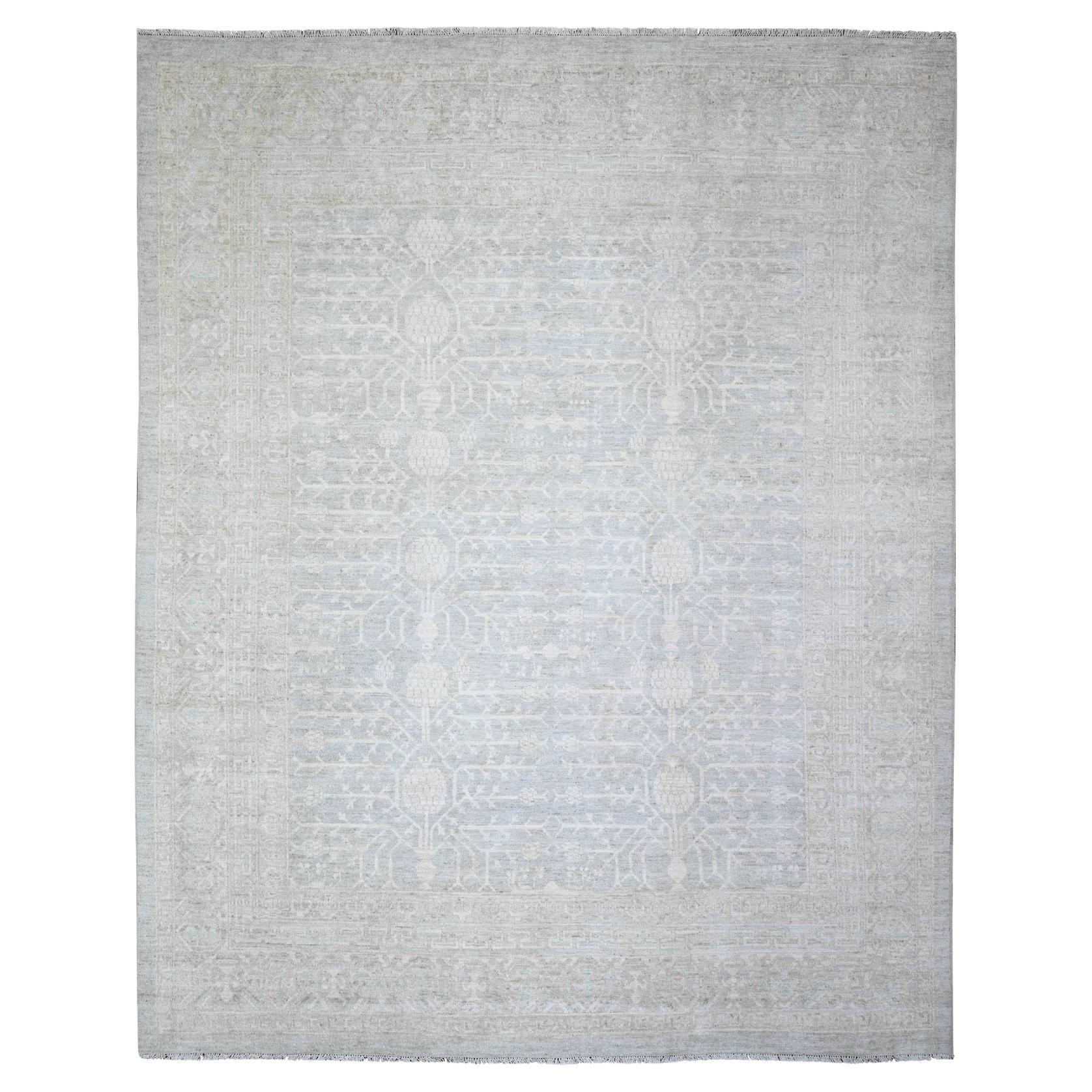 8'x10' Gray Washed Out Khotan Inspired Pomegranate Design Wool Hand Knotted Rug