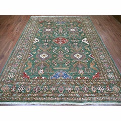 8'x10' Green Afghan Super Kazak All Over Design Hand Knotted Pure Wool Rug