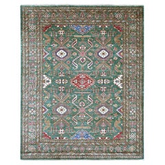 8'x10' Green Afghan Super Kazak All Over Design Hand Knotted Pure Wool Rug