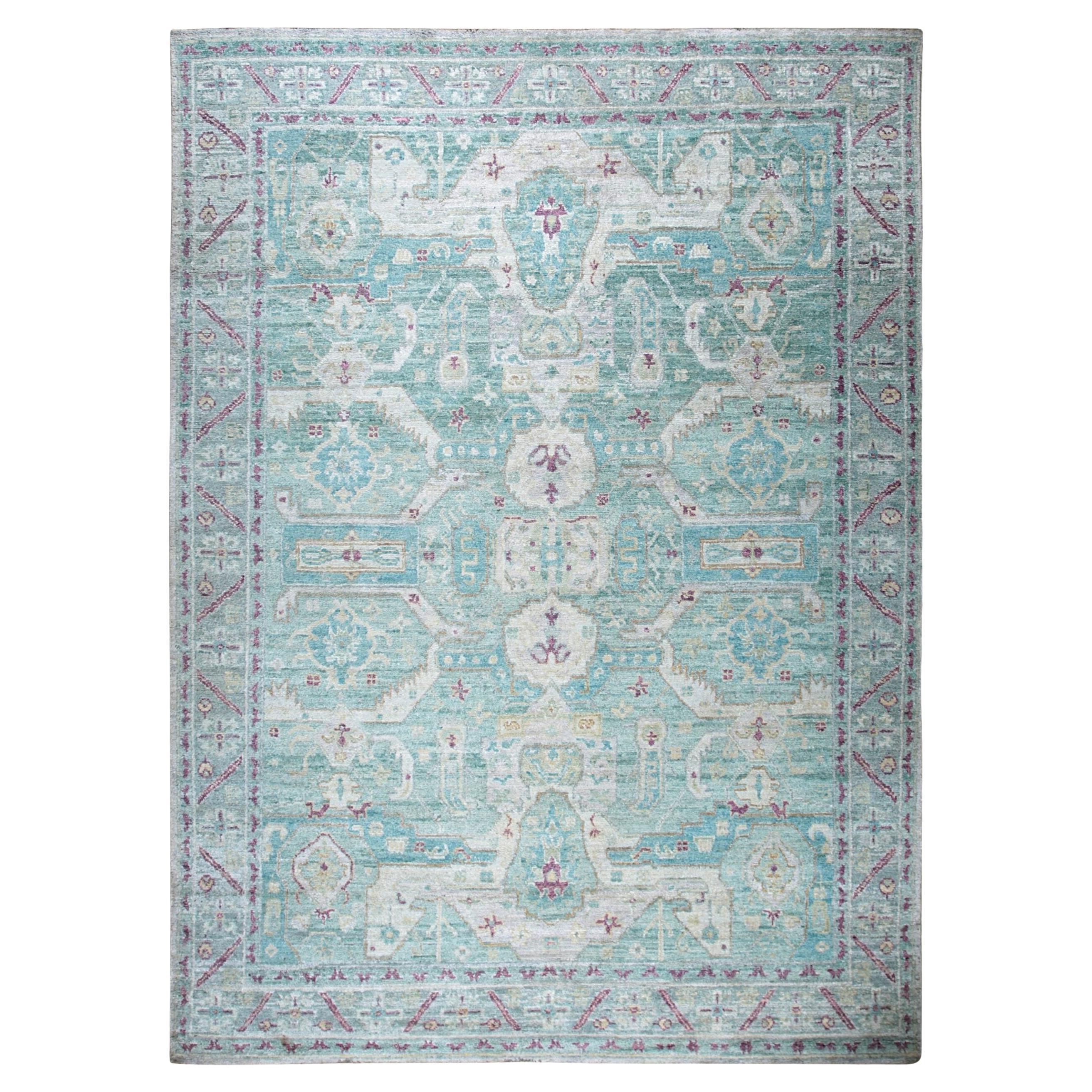 8x10 Green Hand-Knotted Silk Faded Turquoise Medallions Tribal Modern Carpet Rug