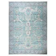 8x10 Green Hand-Knotted Silk Faded Turquoise Medallions Tribal Modern Carpet Rug