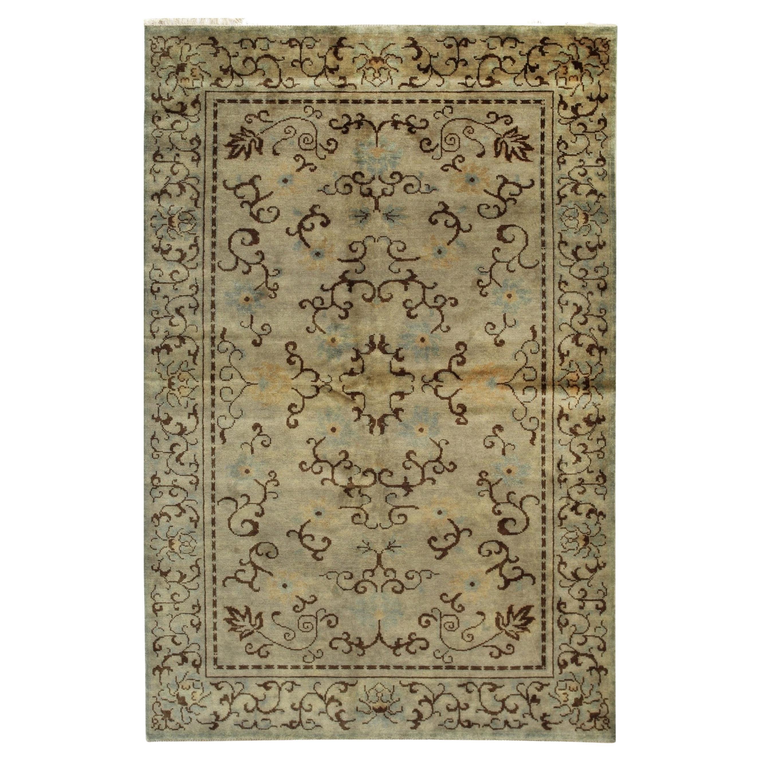 8x10 Green Hand-Knotted Wool Floral Scrollwork Geometric Modern Carpet Rug
