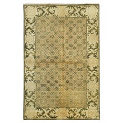 8x10 Green Hand-Knotted Wool Scrolled Leaf Border Geometric Modern Carpet Rug