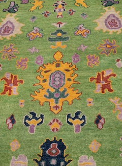 8x10 grüner, handgeknüpfter türkischer Oushak-Orientteppich aus Wolle (G - 12469)