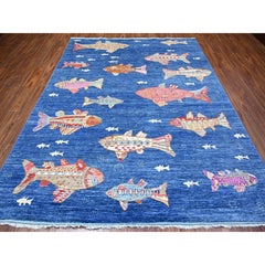 8'x10' Grotto Blue Hand Knotted Peshawar Oceanic Fish Design Vibrant Wool Rug