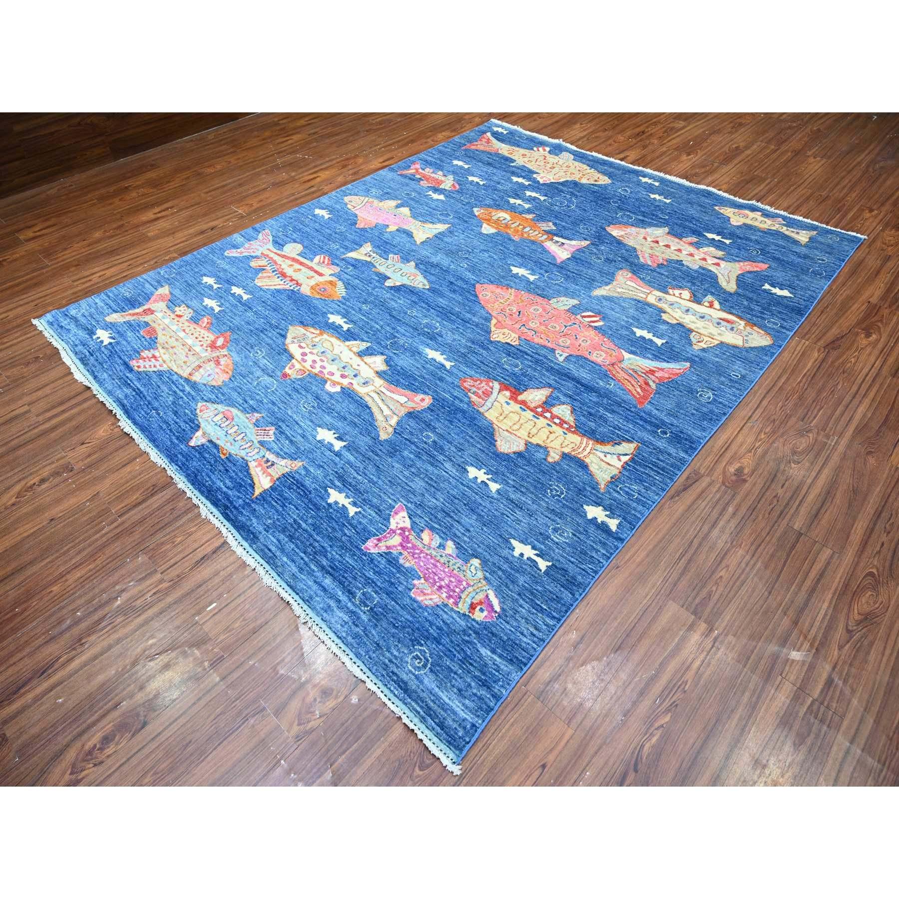8'x10' Gruta Azul Anudada a Mano Peshawar Oceanic Fish Design Alfombra de Lana Vibrante Moderno en venta