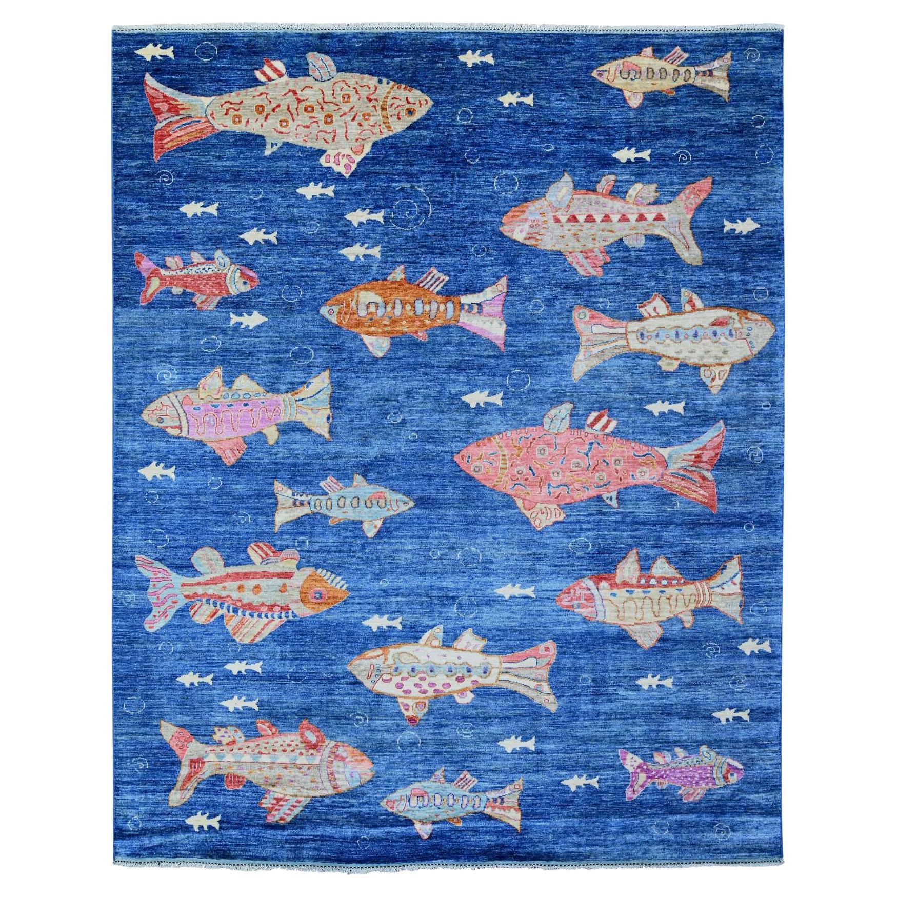 8'x10' Gruta Azul Anudada a Mano Peshawar Oceanic Fish Design Alfombra de Lana Vibrante en venta