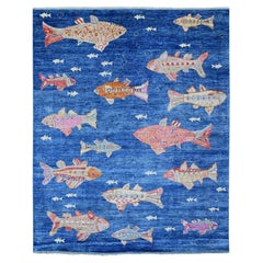 8'x10' Grotto Blue Hand Knotted Peshawar Oceanic Fish Design Vibrant Wool Rug