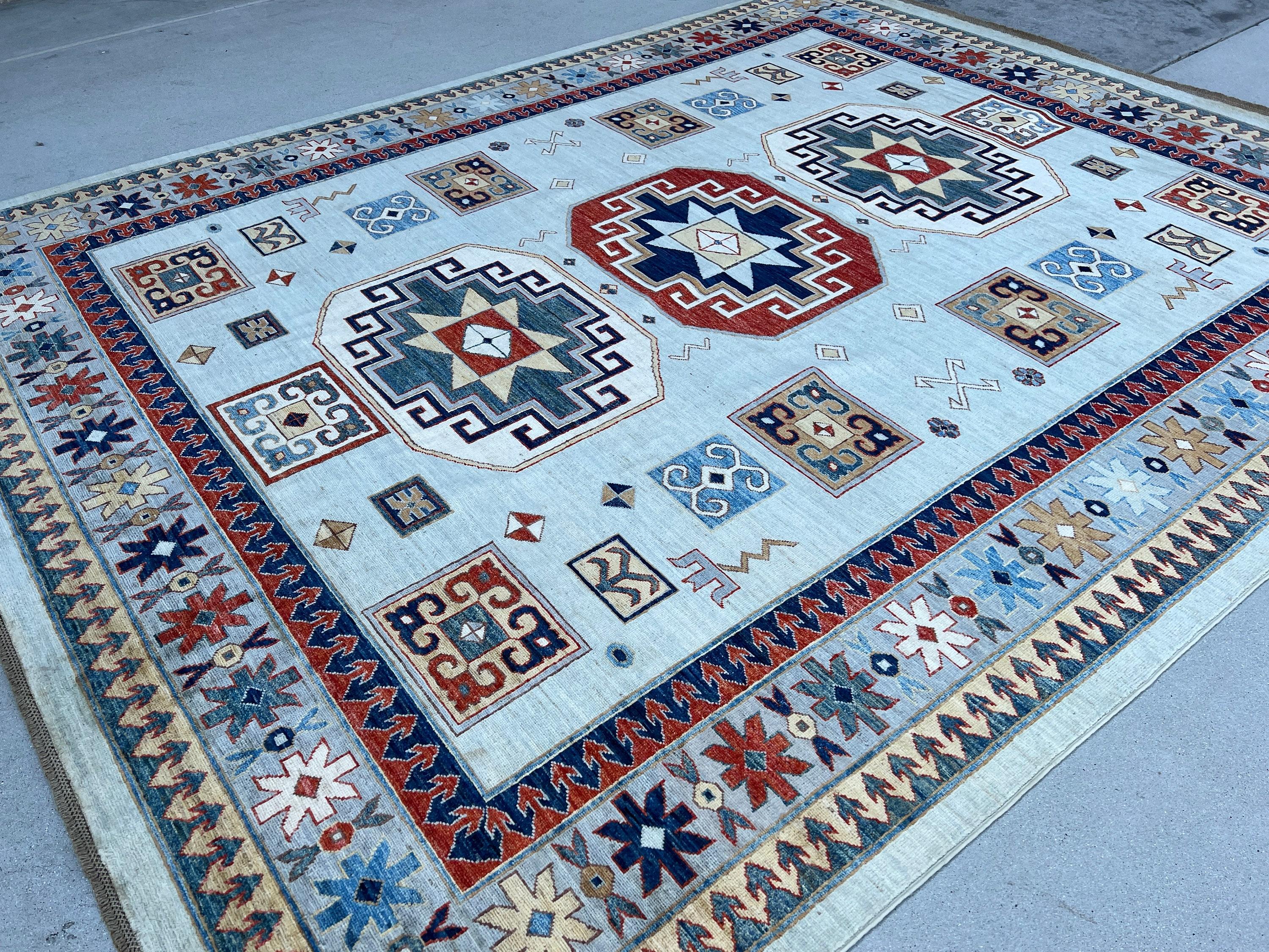 Contemporary 8x10 Hand-Knotted Afghan Rug Premium Hand-Spun Afghan Wool Fair Trade For Sale