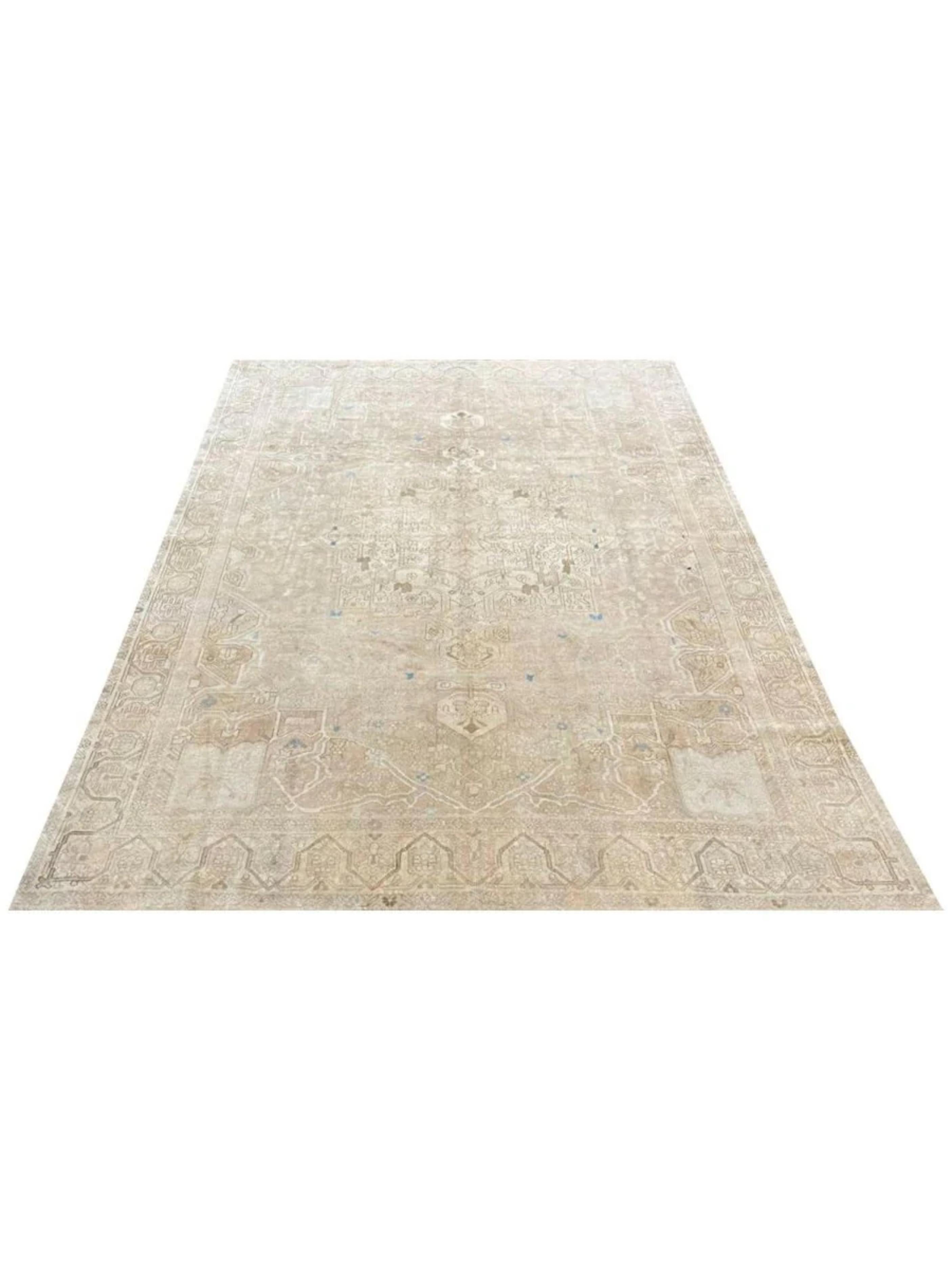 Uncover the subtle grace of this 8x10 Antique Bakhtiari area rug.This exquisite rug features a beautifully faded central medallion set within a field of repeating panels, blending geometric motifs with traditional design elements. Its soft beige