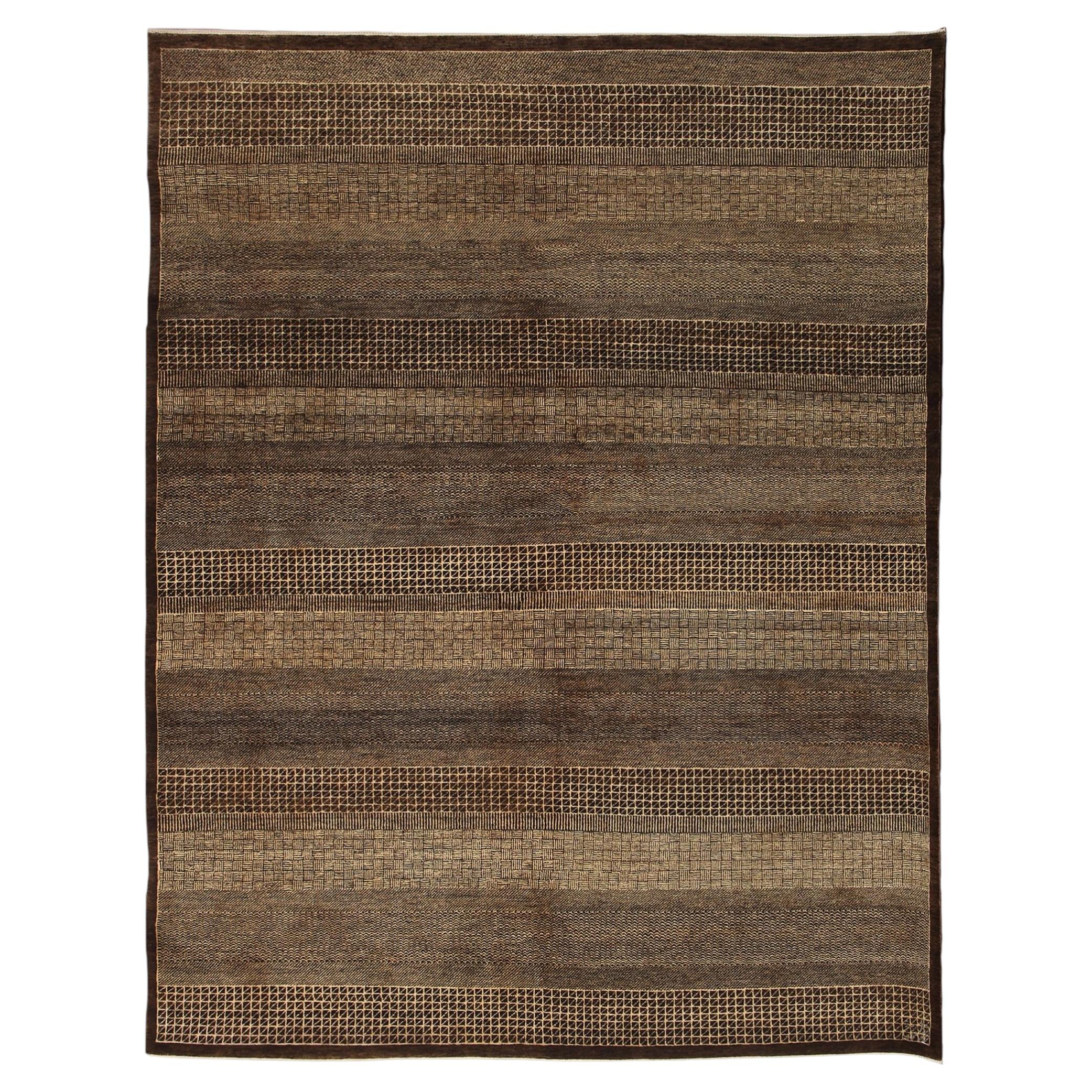 8x10 Hand-Knotted Wool Rug in Brown and Tan Geometric Tribal Stripe Design For Sale