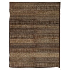 Tappeto in lana annodato a mano 8x10 con motivo a strisce geometriche tribali nei toni del marrone e del beige