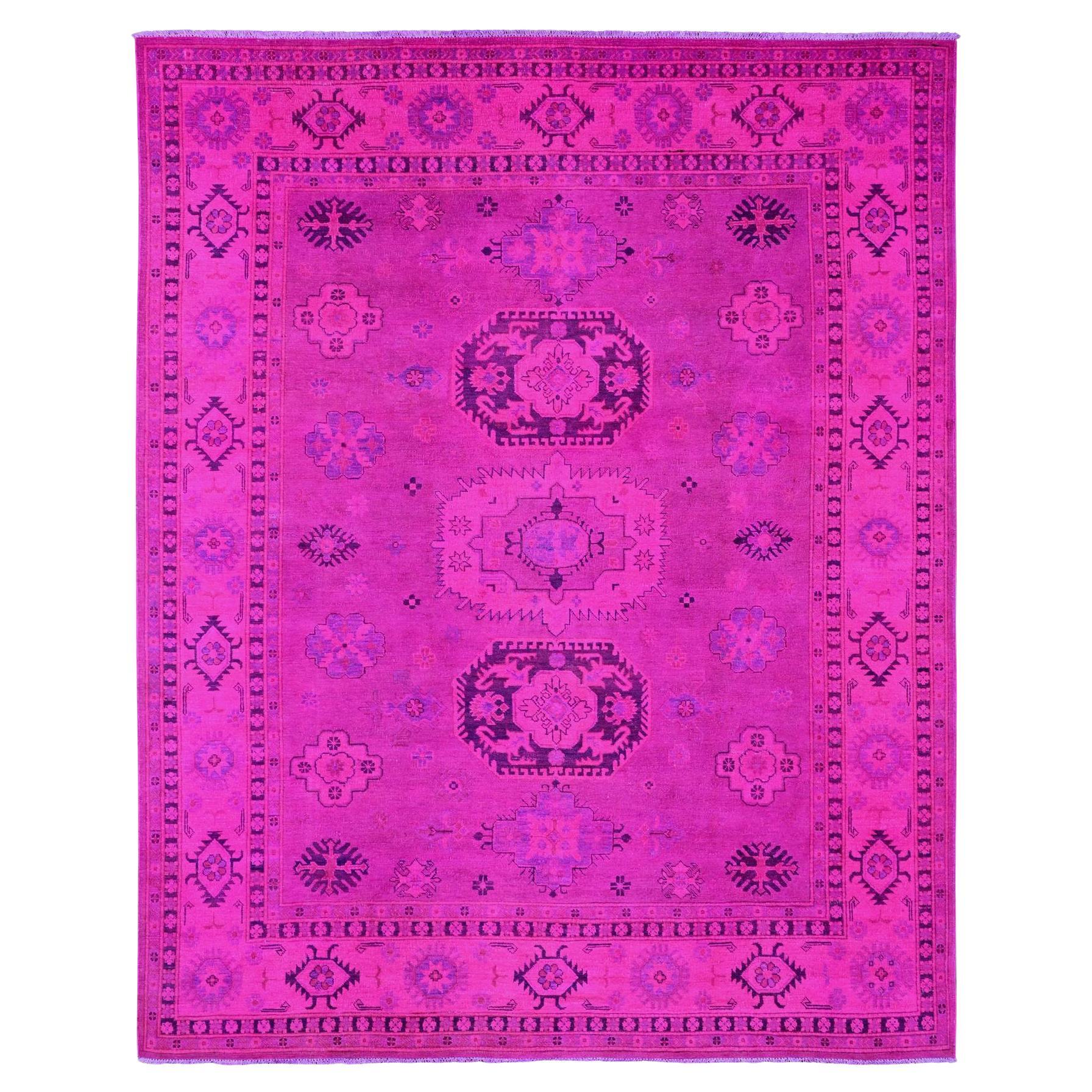 8'x10' Surteint rose vif Kazak Medallions Design noué à la main Tapis d'Orient en laine en vente
